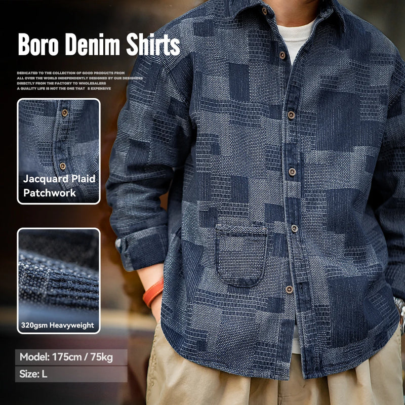 អាវ Maden Retro Boro Cloth Denim Shirts with Lapel Collar Patchwork Design Long-sleeved Shirt for Men's Spring and Autumn Tops