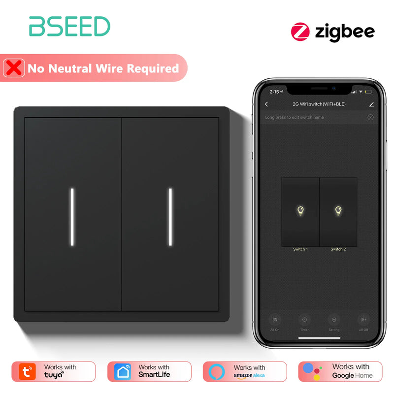 BSEED Zigbee Button Light Switch 1/2/3/4Gang Smart Wall Switch Tuya Smart Life Alexa Voice Control Plastic Frame No Neutral Line