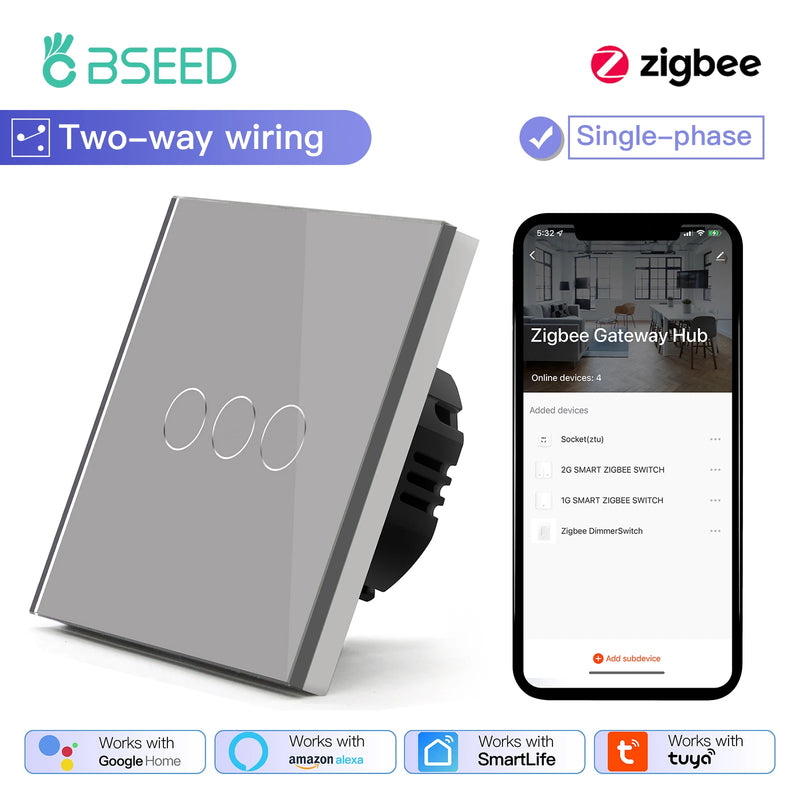 BSEED 1/2/3Gang Smart Zigbee Touch Light Switch 2-Way Control Compatible with Alexa/Google Home No Neutral Wire Touch Switch