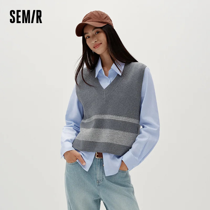 Semir Women Winter Shirt Striped V Neck Brushed Fabric Layering Minimal Design Two Piece Layering 2026 New Winter Daily Wear