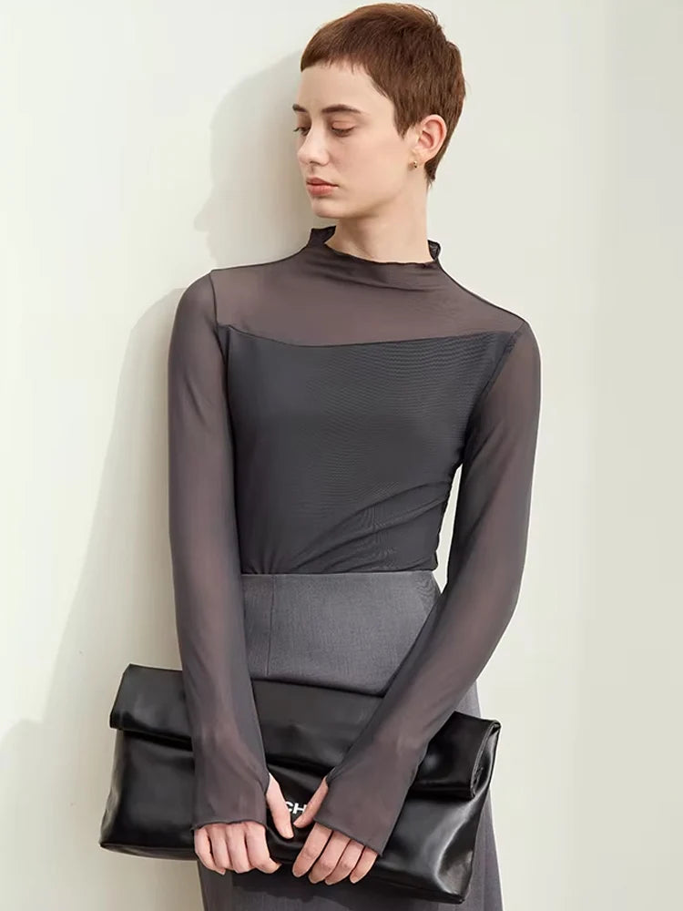 អាវយឺត Amii Minimalism Mesh សម្រាប់ស្ត្រី 2026 រដូវស្លឹកឈើជ្រុះថ្មី Office Lady ពាក់កណ្តាលខ្ពស់ Micro Perspective អាវ Retro ស្ដើង 12423055