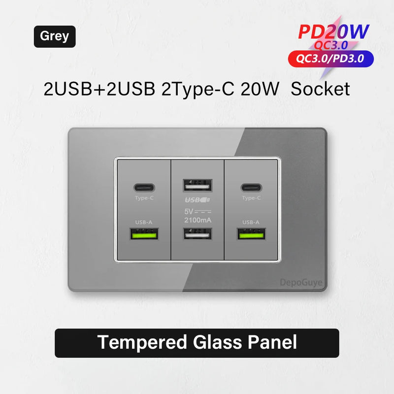 Type 118 White Black Grey Tempered Glass Wall Socket Panel 6 Charging port Triple USB Type C Wall Plug 3.1A 5V Outlet 118*75mm