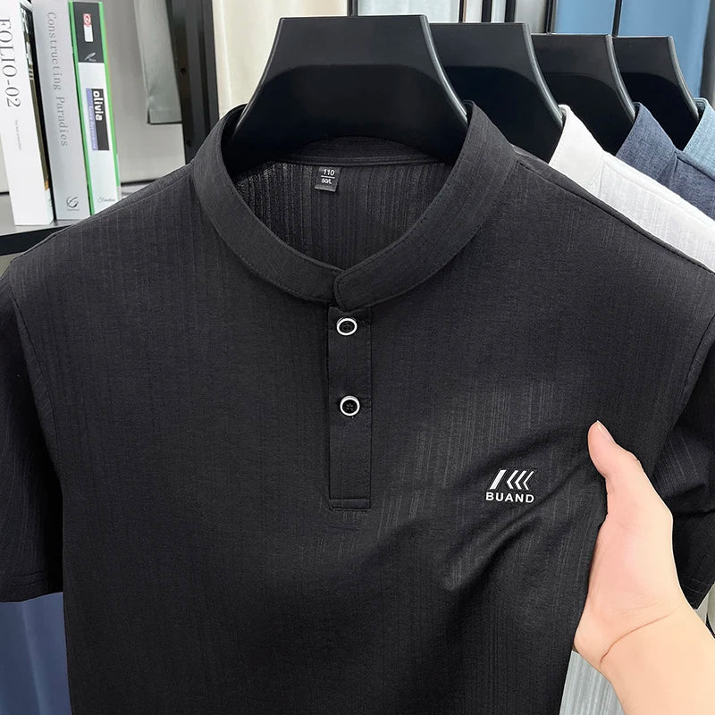 Luxury Quality Men Short-Sleeved T-Shirt Mock Neck Button Letter Print Summer Top-Selling T-Shirt Sleeves Leisure Men's Clothing