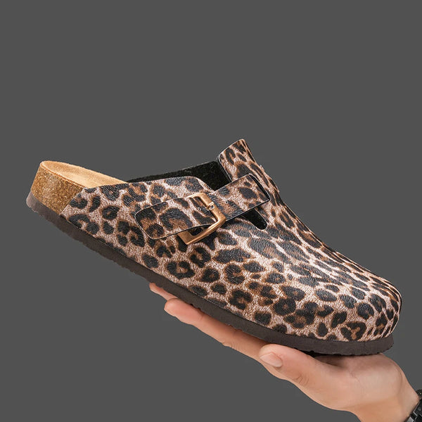 Unisex Leopard Print Cork Slippers Slip-On Backless Clogs Comfort Footbed Indoor Outdoor Sandals for Men and Women