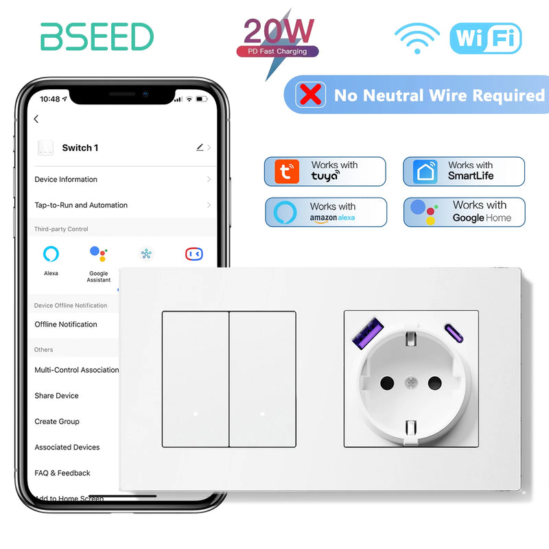 BSEED 1/2/3Gang 2Way WIFI Light Switch Smart Click Switch With EU Wall Socket Plastic Frame Tuya Smart Life No Neutral Line