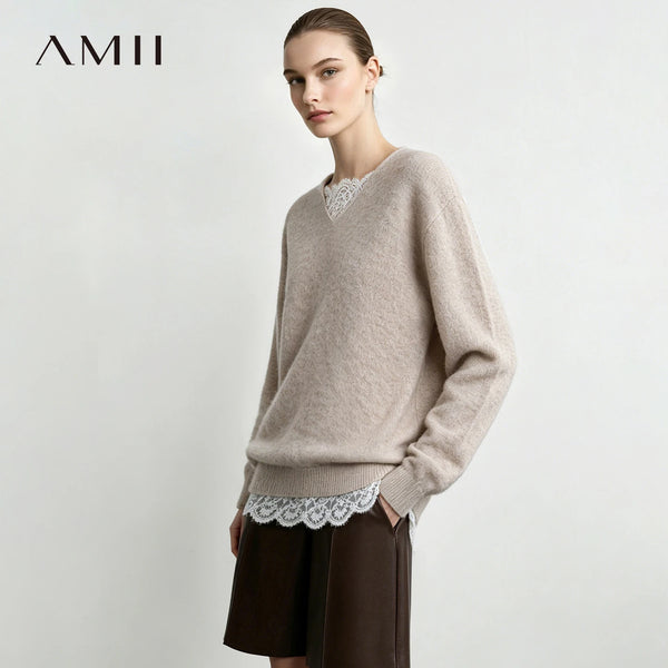 អាវយឺតក V របស់ស្ត្រី Amii ប៉ាក់ចរ អាវធំ អាវយឺតបែប Minimalist សម្រាប់អាជីវកម្ម រដូវស្លឹកឈើជ្រុះ ឆ្នាំ២០២៦ 12623044