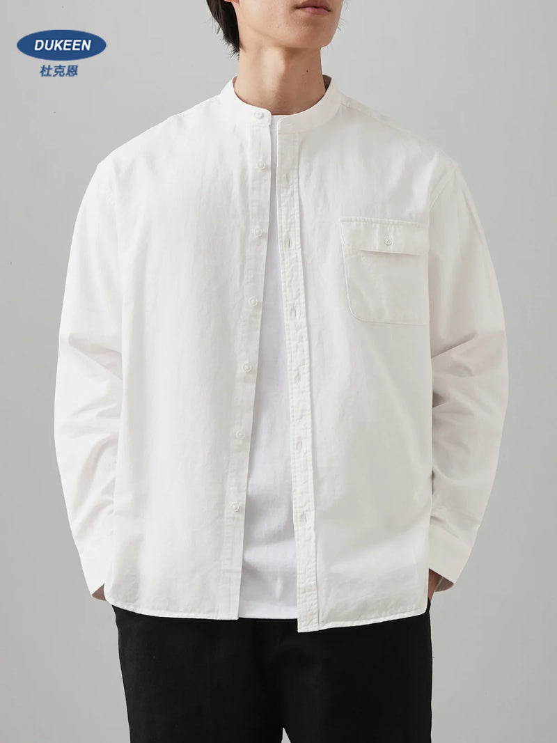 DUKEEN Stand Collar Men's Shirt 2025 Spring and Autumn 100% Cotton Korean Style Long-Sleeve Casual White Tops Man Clothing
