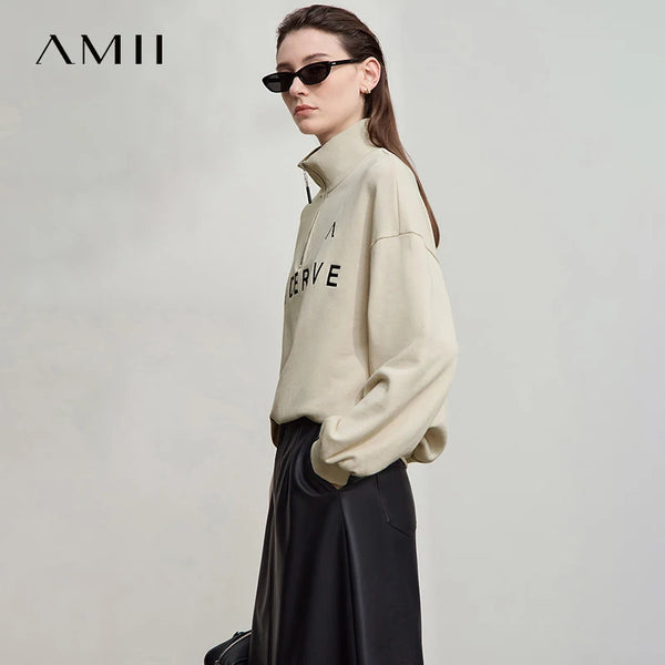 AMII Sweatshirts for Woman 2026 Autumn New Long Sleeve Tops Casual Knit Cotton Turtleneck Embroidered Woman Sweatshirts 12523031