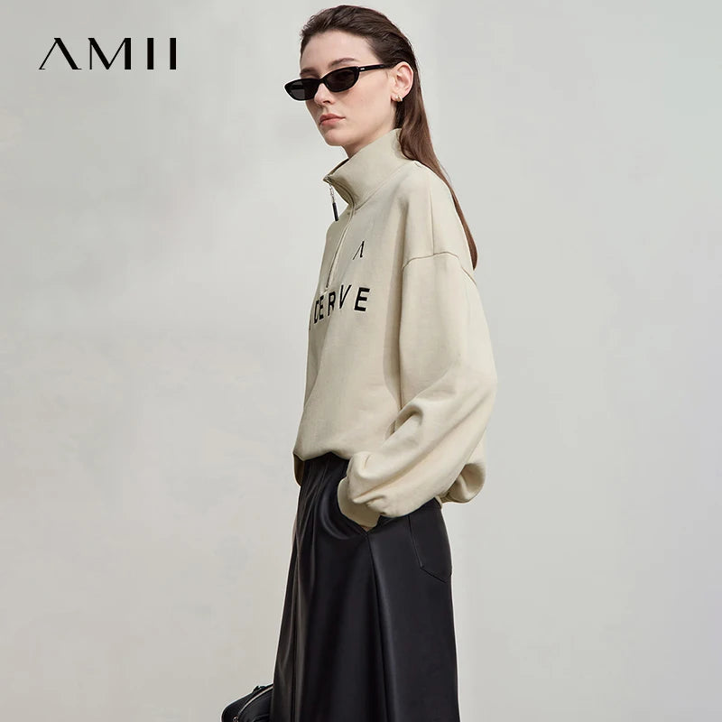 AMII Sweatshirts for Woman 2026 Autumn New Long Sleeve Tops Casual Knit Cotton Turtleneck Embroidered Woman Sweatshirts 12523031