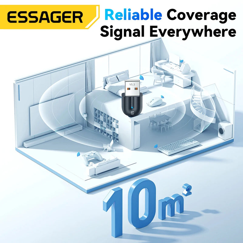 ឧបករណ៍ភ្ជាប់ប៊្លូធូស Essager USB Dongle Bluetooth 5.3 សម្រាប់កុំព្យូទ័រ កុំព្យូទ័រយួរដៃ ឧបករណ៍បំពងសម្លេង ឧបករណ៍ទទួលសំឡេង កណ្ដុរឥតខ្សែ ក្តារចុច ឧបករណ៍បញ្ជូន USB