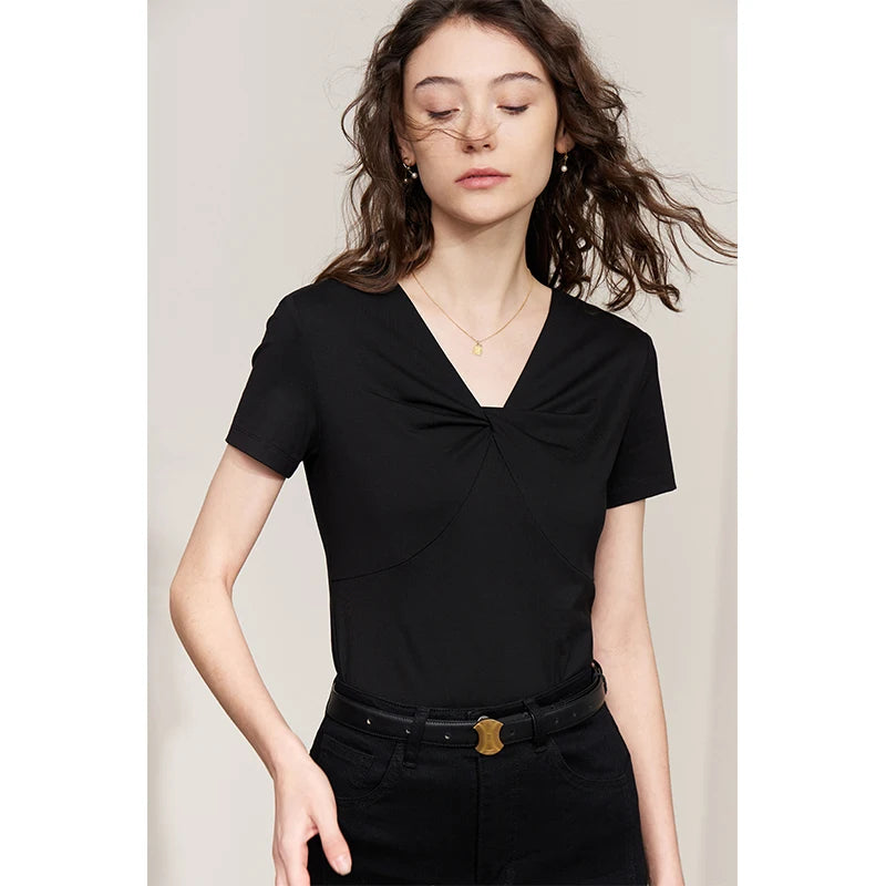 AMII Minimalism T-shirt for Women 2026 Summer New Sleeve Slim Design V-Neck Modal Cotton White Top Bottom T-shirts 12342212