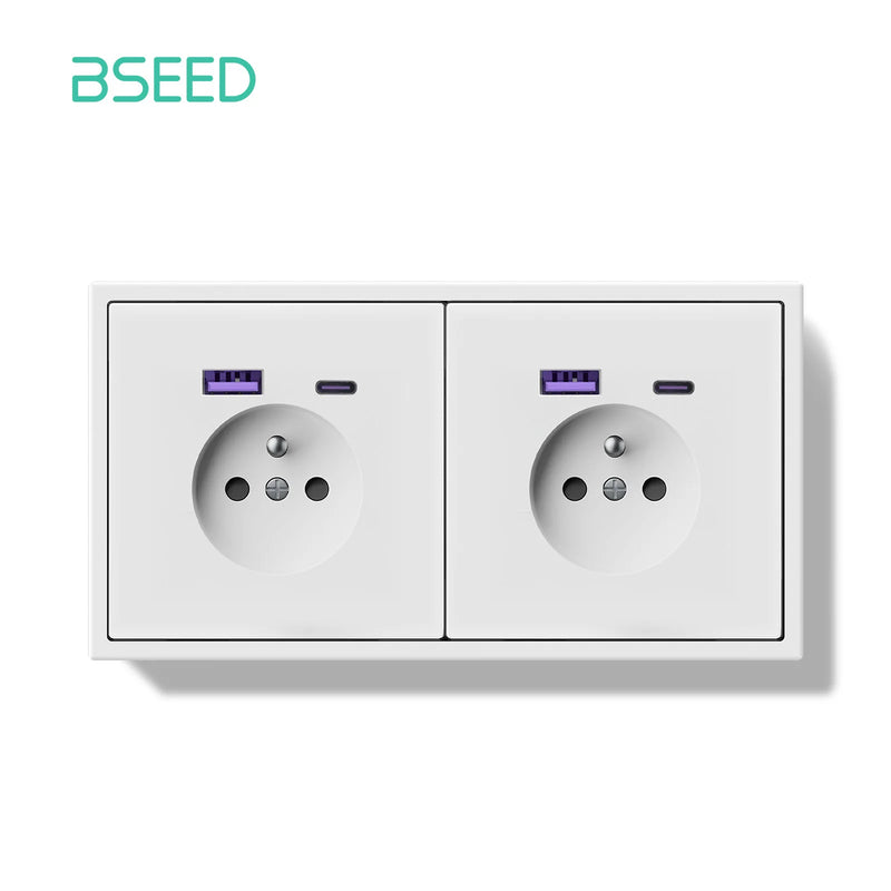 BSEED French Standard Wall Power Socket Electrical Outlets 20W USB Type-C Fast Charge Port Socket White Black Plastic Frame 16A