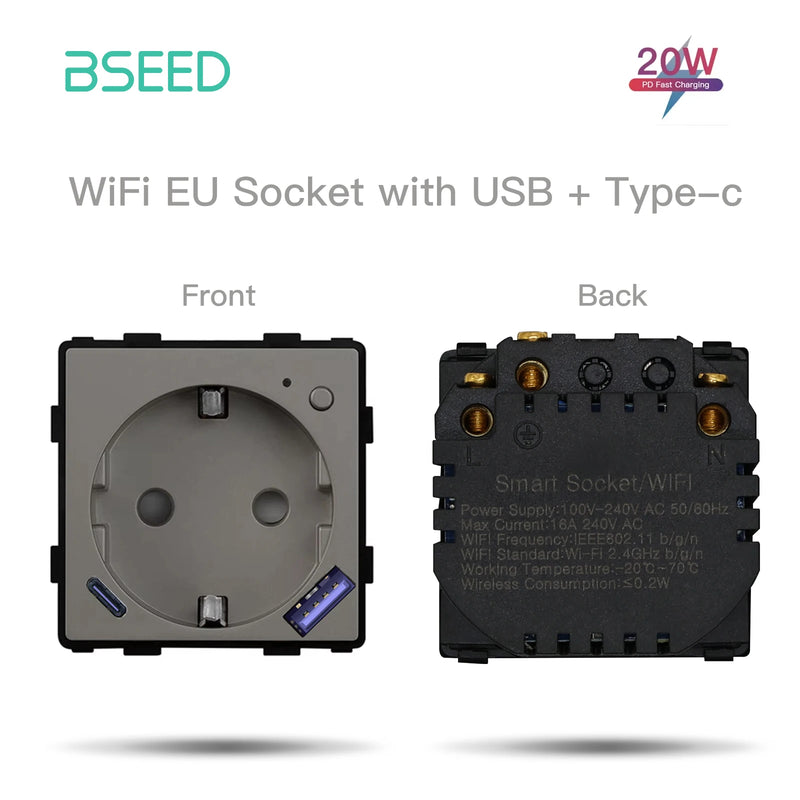 BSEED 1/2/3Gang WIFI Touch Light Switch Part Smart Switch Module Part EU Wifi Socket DIY Parts Glass Panel Free Combination
