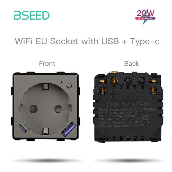 រន្ធដោត Wifi ស៊េរី BSEED M1 ជាមួយមុខងារម៉ូនីទ័រ រន្ធដោតឆ្លាតវៃ ជាមួយរន្ធ USB Type-C 20W ម៉ូឌុល Tuya Smart Life Control DIY Parts