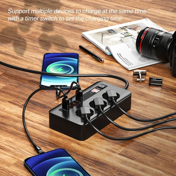 រន្ធដោតភ្លើង 2500W ចំនួន 3 របស់ EU សាកលឿនសម្រាប់កុំព្យូទ័រលើតុ QC3.0 USB Charger Hub ស្ថានីយ៍សាកលឿនសម្រាប់ iPhone Samsung Laptop