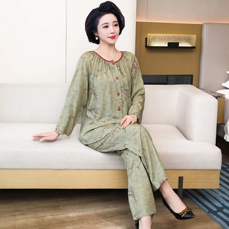 2 Piece Set Nightwear for Women Pajamas 2026 Spring Autumn Long Sleeve Middle-aged Home Wear Loungewear Set Woman Night Clothes