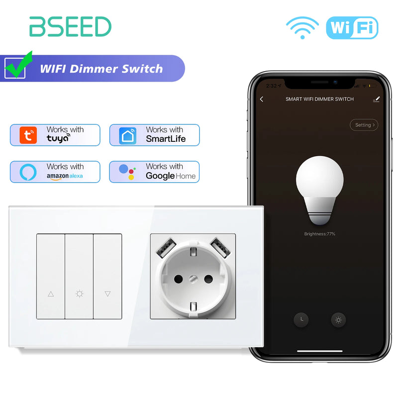BSEED WIFI Dimmer Switch 1/2/3/4Gang Smart Click Button Switch Glass Panel White LED Indicator Tuya Smart Life Alexa Control