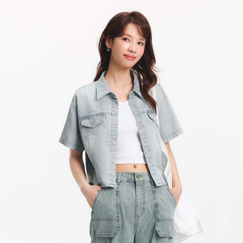 Semir Women Shirt Denim Short Length Loose Drop Shoulder Slit Slim Fit Cool Petite Street Style Top 2026 Summer Fashion Casual W