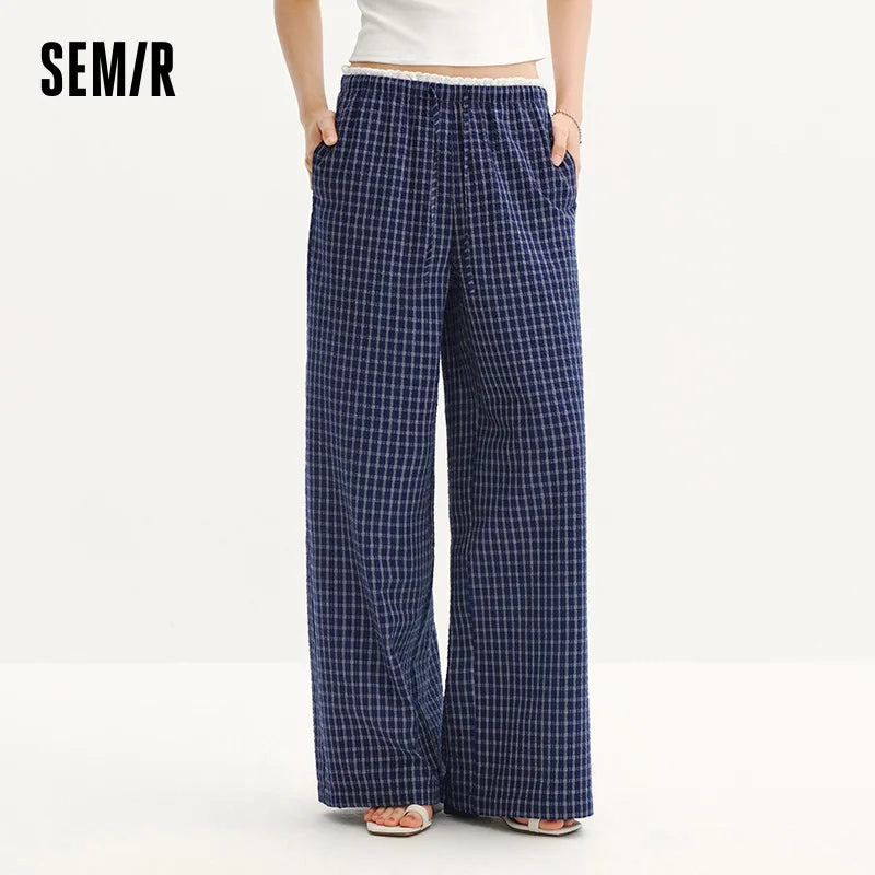 Semir Women Pants Plaid 2026 Textured Ruffle Trim Wide Leg Urban Casual Everyday Style Soft Comfortable Daily Wear Trendy