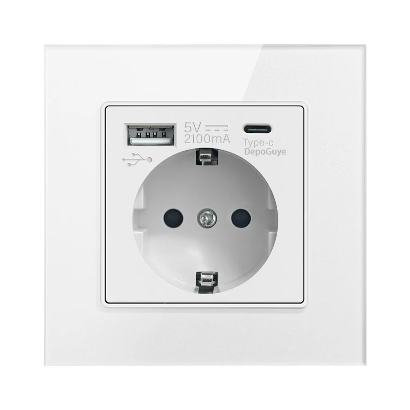 Grey EU USB C Wall Socket, Type-C Port Wall Plug Adapter, 16A Power Socket with USB Phone Charging, Russian Kazakhstan Outlet