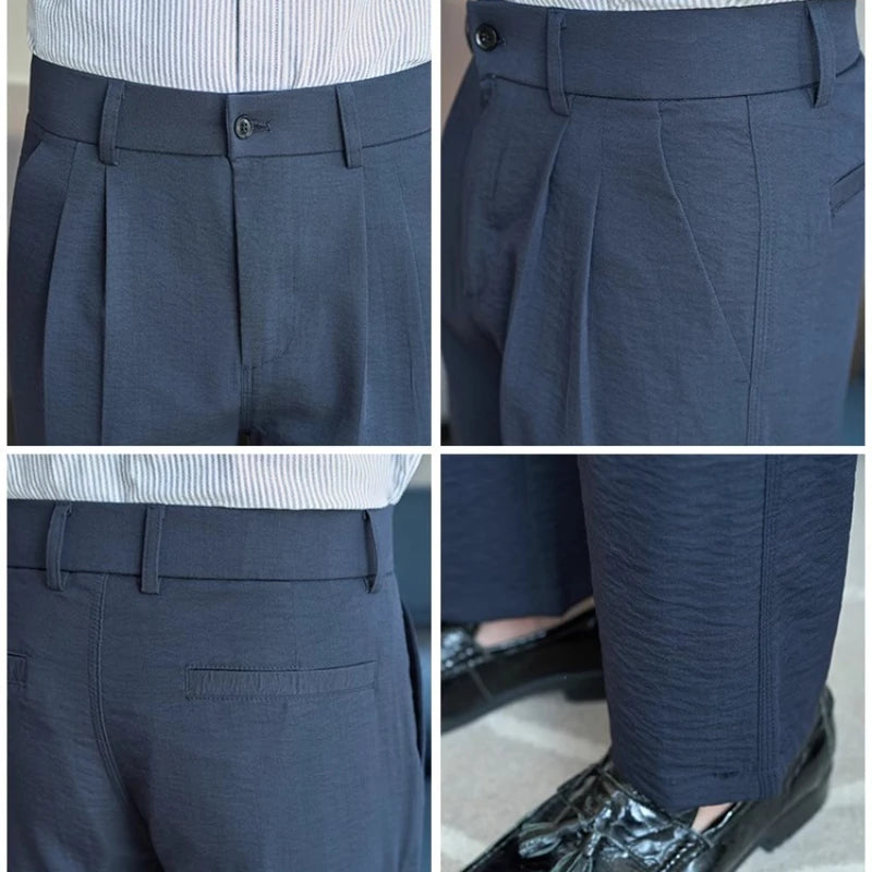 Men's Old Money Style Linen-Cotton Pleated Dress Pants – Lightweight, Semi-Elastic Waist & Wrinkle-Free for Summer