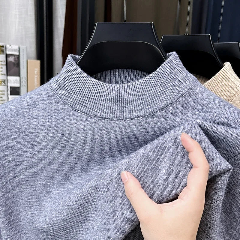 Male Classic Mid Neck Knit Jumper Long Sleeve Rib Trim Lightweight Fabric Travel Street Daily Outfit