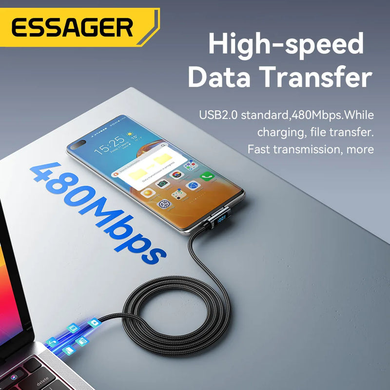 Essager PD100W USB Type C to USB C Cable 5A Fast Charging Cable 90 ° LED Digital Display Cable For Huawei Xiaomi Samsung MacBook