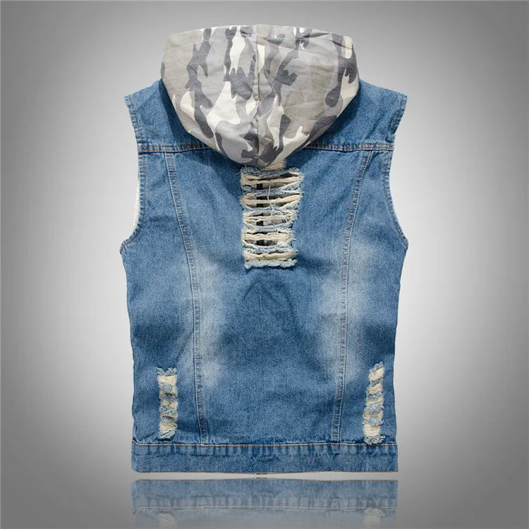 Men's Sleeveless Hooded Denim Jacket for Spring and Fall; Blue Single-breasted Distressed Vest; Asian Sizes M–5XL.