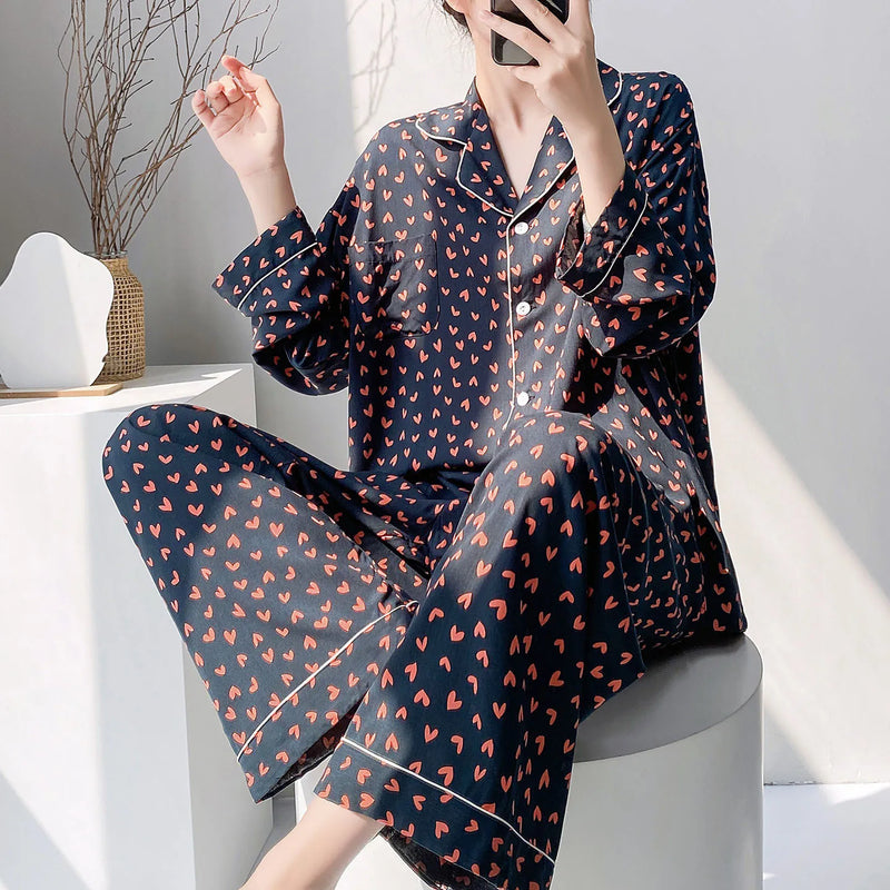 Viscose Loungewear 2 Piece Long Sleeve Top Pants Sleepwear Retro Floral Pajama Set For Women Autumn Soft Women's Home Nightwear