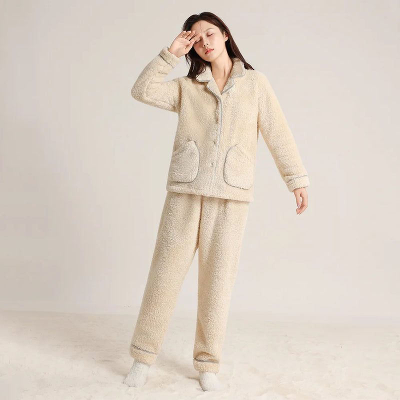 Pyjamas Femme Hiver Coral Fleece Warm Sleepwear Set New Thick Flannel Home Clothes For Women Hot Winter Pajamas Suit Female