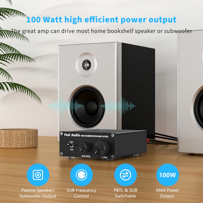 ឧបករណ៍បំពងសម្លេងម៉ូណូ Fosi Audio អំភ្លីភ្លើ Subwoofer 100W ជាមួយឧបករណ៍បំពងសម្លេងបាសសម្រាប់ឧបករណ៍បំពងសម្លេងអកម្មនៅផ្ទះ M04