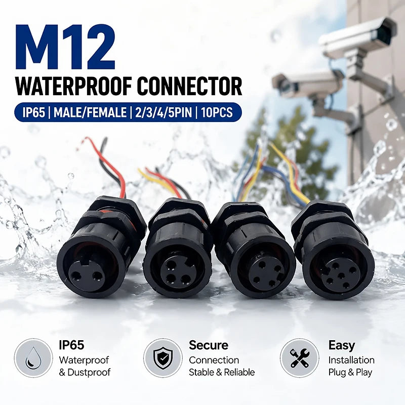 ឧបករណ៍ភ្ជាប់អាកាសចរណ៍ IP65 M12 បន្ទះម៉ោនចំនួន 10 ដុំ មានខ្សែភ្ជាប់ជាមុនសម្រាប់បុរស និងស្ត្រី 2P 3P 4P 5Pin ឧបករណ៍ភ្ជាប់អគ្គិសនីការពារទឹក