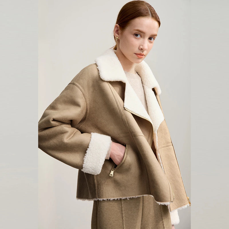 AMII Women's Coat 2026 Winter New Warm All-wool Loose Fur Coats Woman Long Sleeves Zipper Solid Versatile Jacket Top 12554001