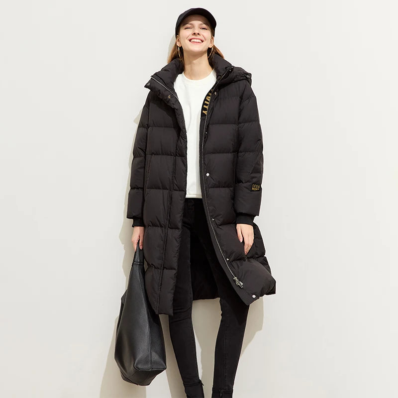 AMII Women's Heat Warm Storage Hooded Long Sleeve Duck Down Jacket Female Winter Letter Print Loose Outerwear Coats 12424044