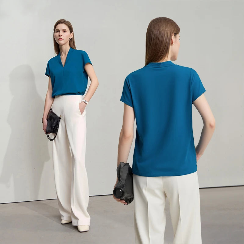 អាវយឺត AMII Minimalism រដូវក្តៅឆ្នាំ ២០២៦ សម្រាប់នារី រចនាបថបុរាណ ក V ដៃខ្លី អាវ និងអាវយឺតលាត 12312013