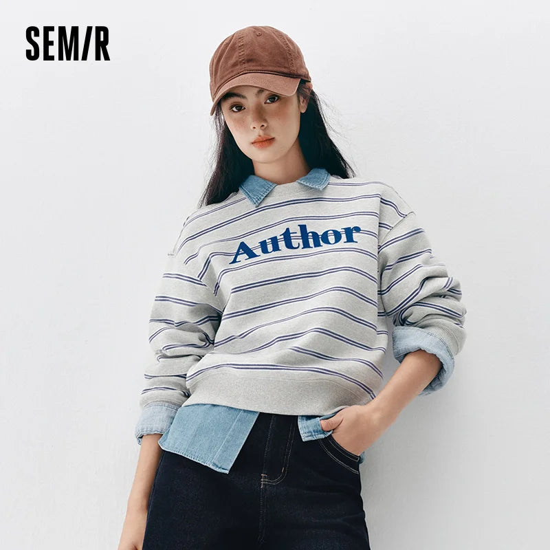 អាវយឺត Semir សម្រាប់នារី មានស្រទាប់ក្រណាត់រោមចៀម លំនាំឆ្នូតអក្សរ ក្រាហ្វិក រចនាប័ទ្មទីក្រុង ធម្មតា រដូវរងា ឆ្នាំ២០២៦ ស្លៀកប្រចាំថ្ងៃ ទន់ ស្រួលខ្លួន