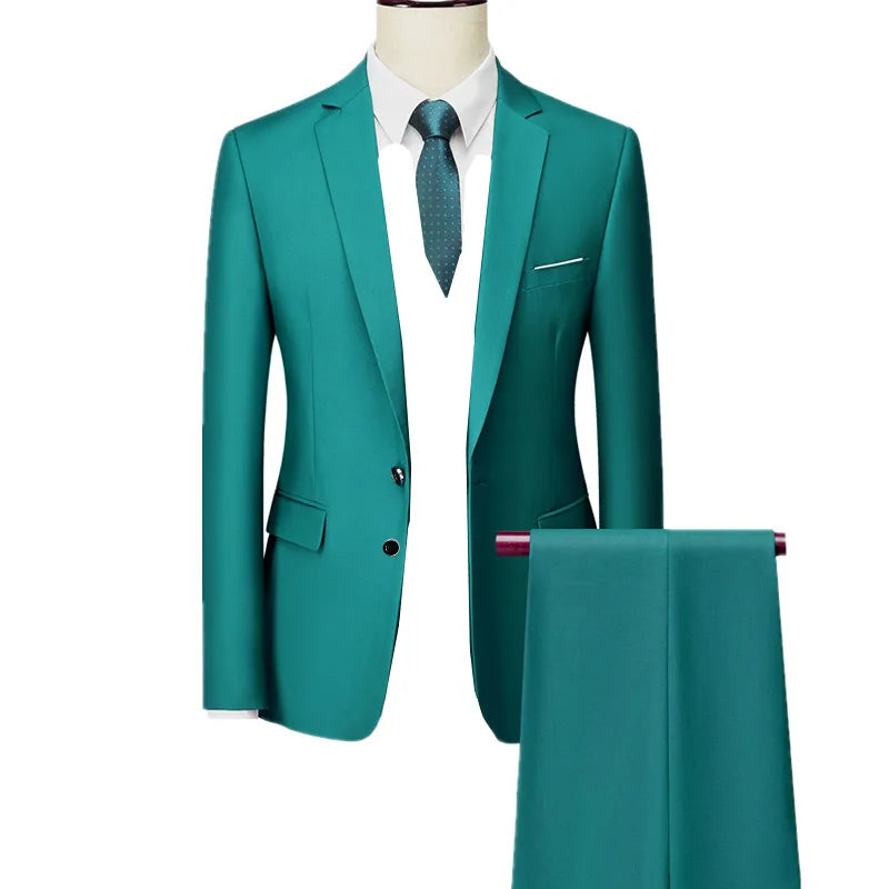 2026 New Men's 2-Piece, Dark Green Slim Fit Suit Set with Pure Color Jacket & Pants for Office/Interview/Wedding/Party/Business