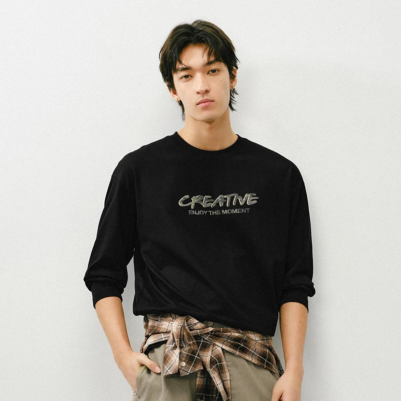 Semir Cotton Tshirt Men 2026 Spring Letter Print Crew Neck Couple Style Casual Black Basic Comfortable Inner Layer Top