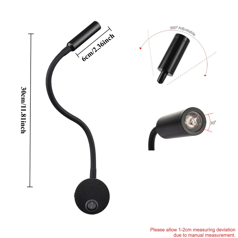 JOYINLED Black/Gold 3W Gooseneck Wall Lamp Flexible Adjustable with Switch Work Study Sconce Bedroom Bedside Reading Night Light
