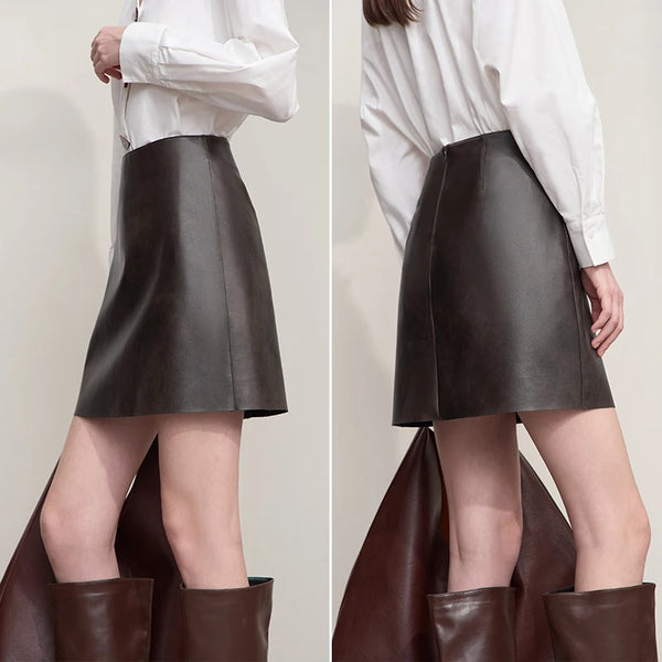 AMII Mini Skirt 2026 Autumn New Modern Retro Clothing Ladies Solid Versatile A-shaped PU Leather Short Skirts For Woman 12513022
