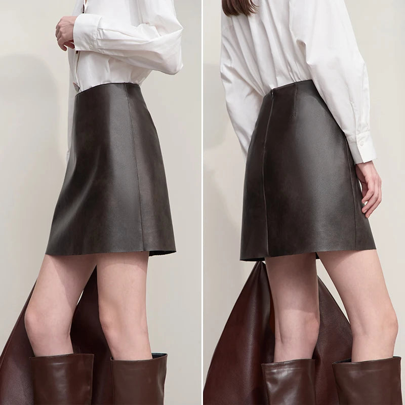 AMII Mini Skirt 2026 Autumn New Modern Retro Clothing Ladies Solid Versatile A-shaped PU Leather Short Skirts For Woman 12513022