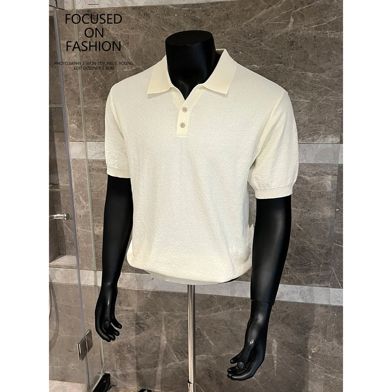 Men's Polo Shirt Knit Short Sleeve Casual Top Solid Color Stretchable Business Casual Top, Summer Pullover Knit Sweater