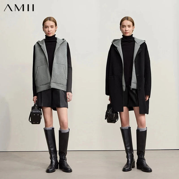 Amii Women's Coat 2026 Winter New Versatile Single Breasted Double-sided Woolen Coat Hooded Knitted Vest Two-piece Set 12524131