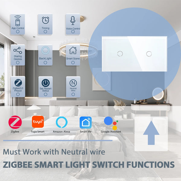 BSEED Zigbee Smart Switch កុងតាក់ភ្លើងឥតខ្សែពីរ 1/2/3Gang 1/2/3Way គាំទ្រ Tuya Google Home App Alexa Voice Control