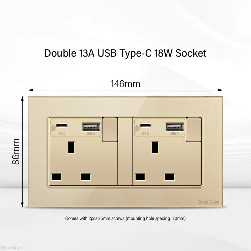 Gold UK 13A Tempered Glass Dual Socket,Universal Power Outlet With USB Type C 18W Quick Charge,Home Light Electric Switch Panel