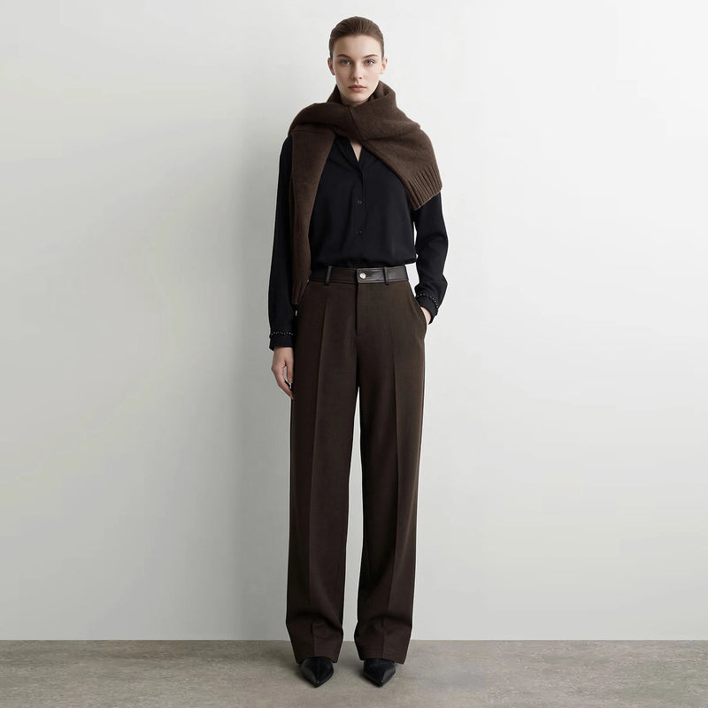 Amii Straight Leg Women Pants Faux Leather Spliced Commuting Autumn New 2026 Comfortable Smooth Drape Pants For Woman 12643011