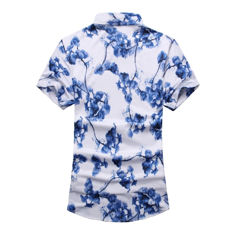 2026 Summer Men's White Short-Sleeved Printed Shirt, Blue Single-Breasted Lapel Shirts, Asian Sizes M-7XL.
