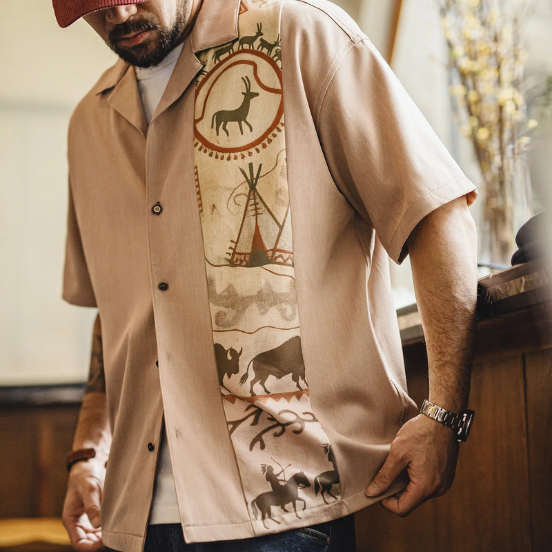 Maden Men's Vintage Print Cuban Collar Short Sleeve Single-breasted Shirt  Tribal Pattern Casual Summer Loose fit Shirt