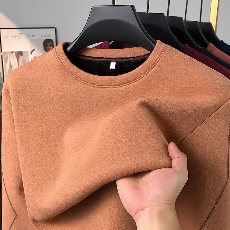 Autumn Leisure Long Sleeve Thermal Shirt Men Round Neck Decorative Sleeve Stitch Elastic Basic Daily Top