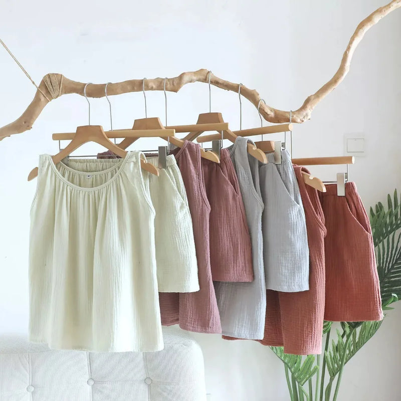 Summer Pajamas Two-Piece Women's Set Soft Home Wear New Solid Color Sleeveless O-Neck Home Suit Shorts Loungewear Pyjama Femme